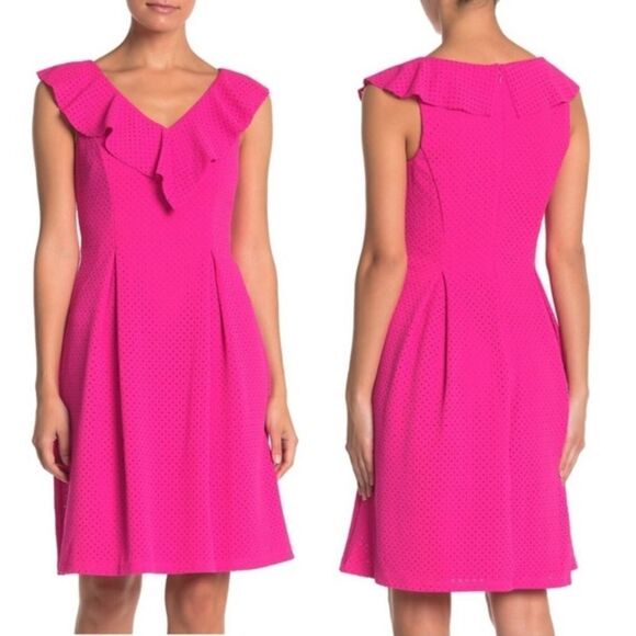 Eliza J Pink Perforated Flare Dress Ruffle Neck Sleeveless Size 6 - Picture 1 of 7